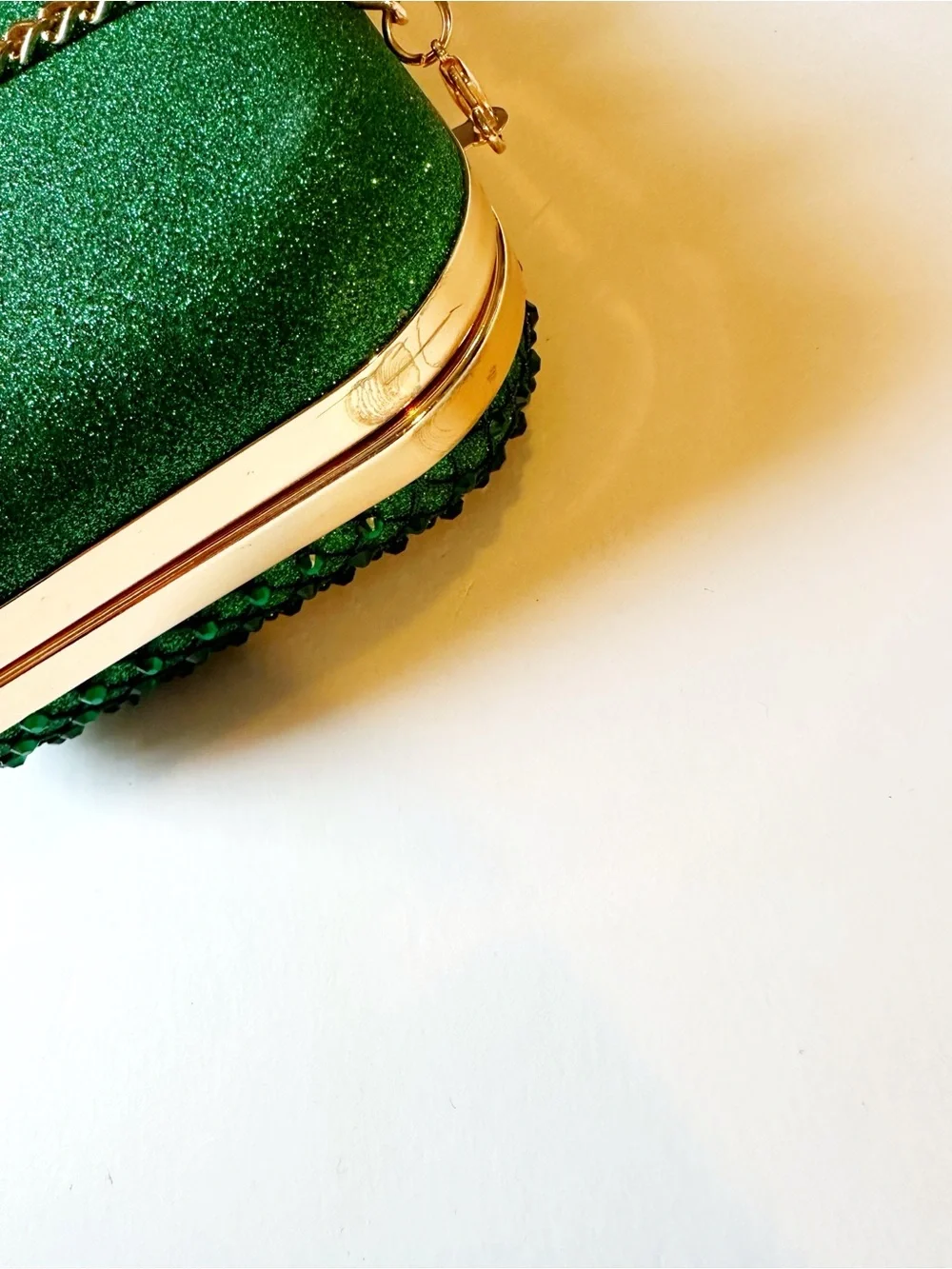 Green Crystal Evening Clutch with Gold Chain Strap